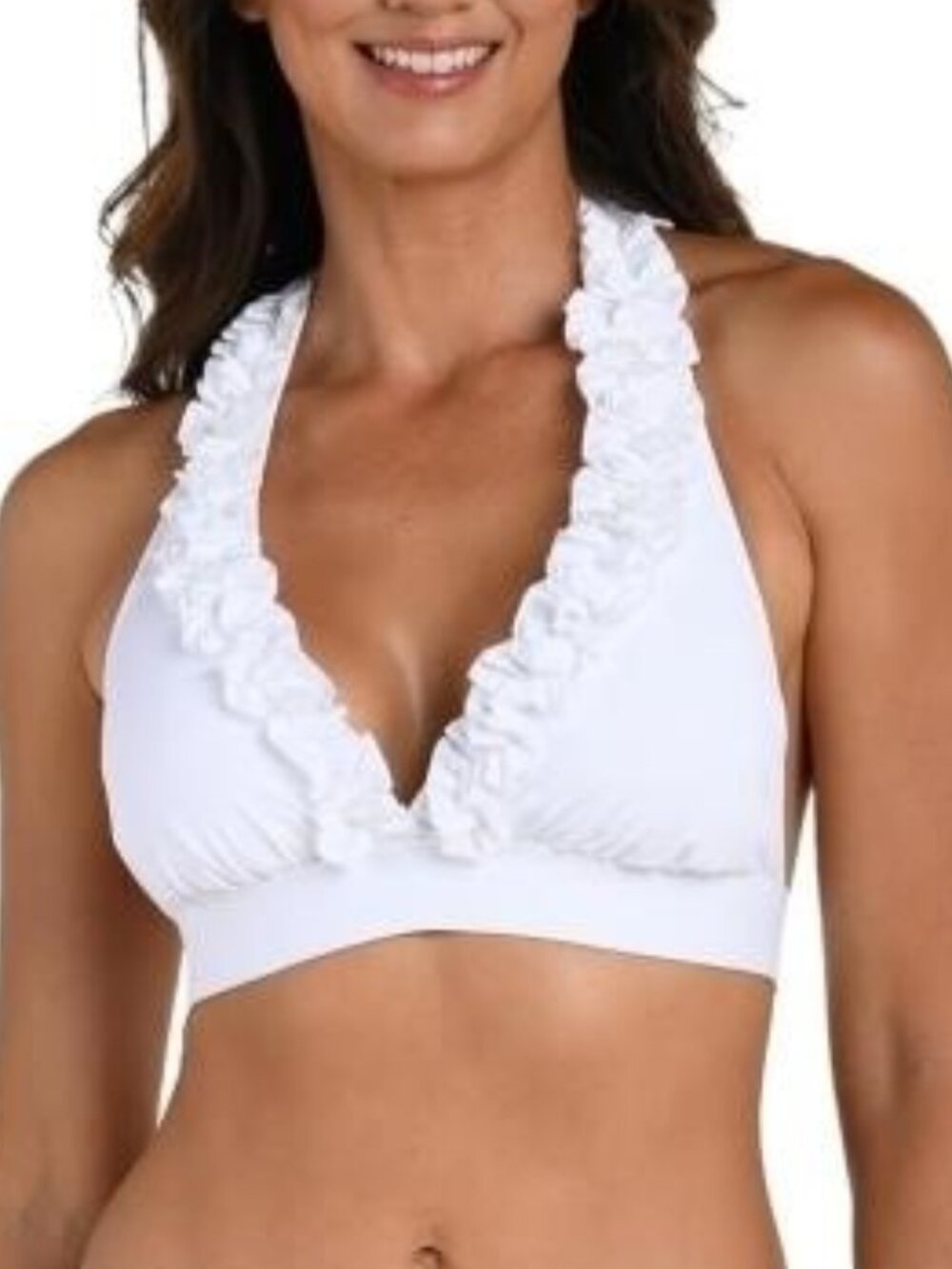 La Blanca ✨ Island Goddess Ruffle Halter Bikini Swim Top White Size 4 NWT
